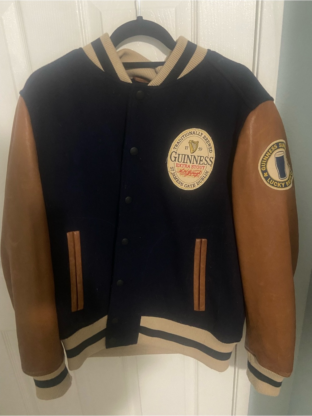 Guinness Navy and Brown Leather-Sleeve Varsity Jacket